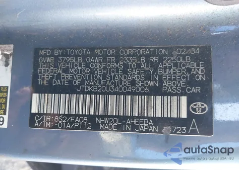 2004 Toyota Prius z USA, uszkodzony, nr VIN JTDKB20U340049006